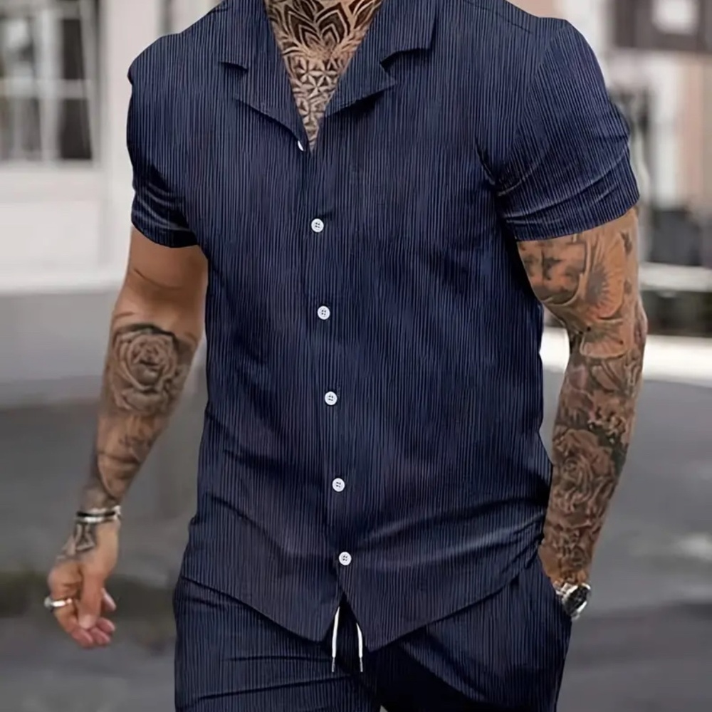 Men's Casual Short Sleeve Lapel Collar Shirt And Shorts Set In Solid Color, Suit